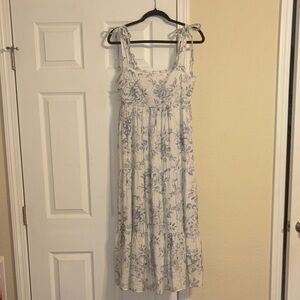 Elegant White and Blue Floral Maxi Dress